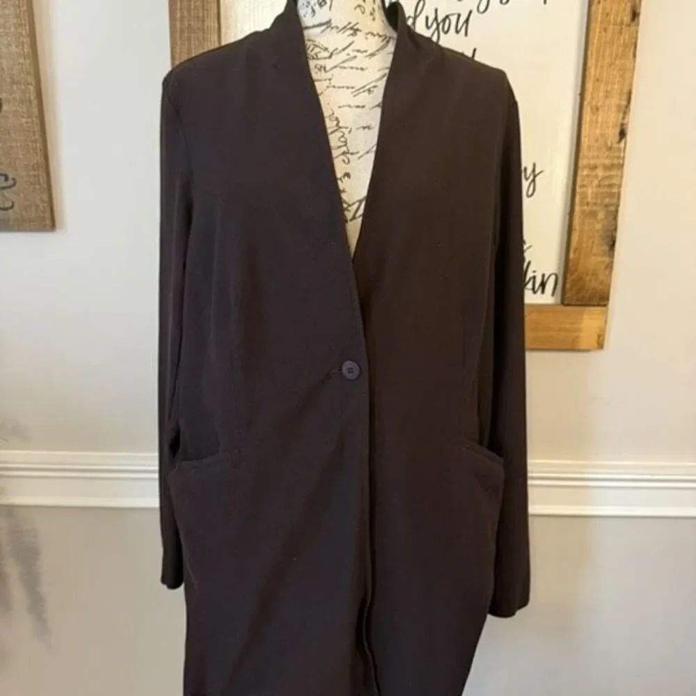 Eileen Fisher Women's Stretch-Crepe Stand-Collar Long Jacket Brown Size XL